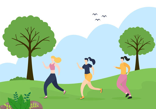 Jogging or Running Sports Background Illustration Men and Women for Active Body, Healthy Lifestyle, Outdoor Activities