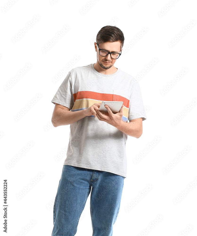 Poster handsome man using tablet computer on white background