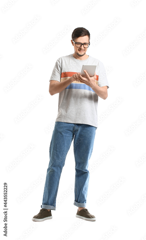 Poster handsome man using tablet computer on white background