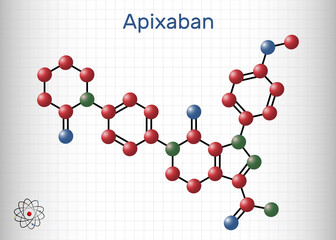 Apixaban molecule. It is pyrazolopyridine, anticoagulant and direct inhibitor of factor Xa which is used to decrease the risk of venous thromboses. Sheet of paper in a cage