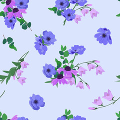 Anemone, campanula and echinacea. Seamless summer vector illustration on a light background.