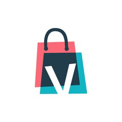 v letter shop store shopping bag overlapping color logo vector icon illustration