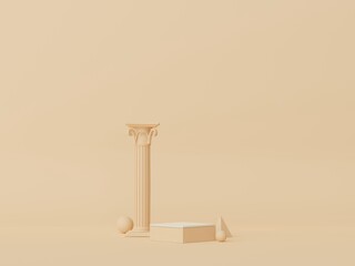 3d render of Abstract minimal  display podium with Greek Ancient baroque pillar background. Pedestal design for mock up and product presentation. Clean pastel color scene.