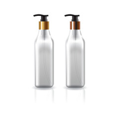Blank clear square cosmetic bottle with gold-copper pump head for beauty or healthy product.