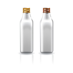Blank white square cosmetic bottle with gold-copper screw lid for beauty or healthy product.