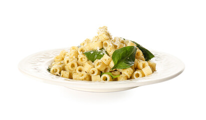 Plate with tasty pasta and spinach on white background