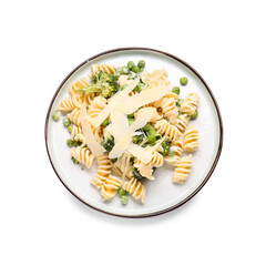 Plate with tasty pasta and vegetables on white background