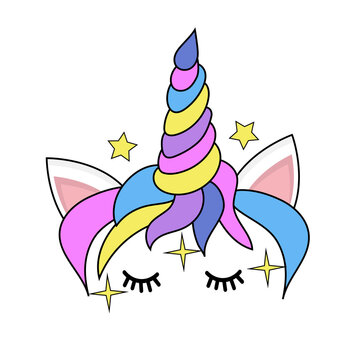 Sweet unicorn's face icon, magic horn with stars. Vector illustration.