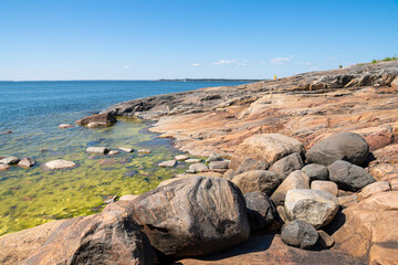 Fototapeta na wymiar The rocky view of Porkkalanniemi, rocks, stones and Gulf of Finland, Kirkkonummi, Finland