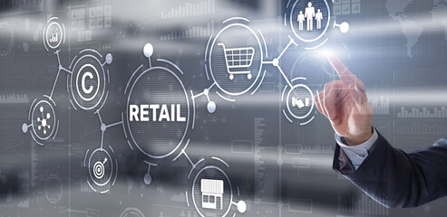 Retail concept marketing channels E-commerce Shopping automation on virtual screen