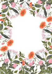 Watercolor vintage frame with wildflowers, forest herbs, isolated on white background