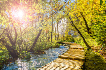 Cascades and tourist path in Plitvice lakes national park, Croatia