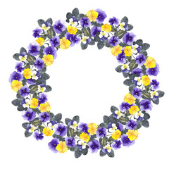 Watercolor vintage illustration. Retro wreath with wildflowers, forest herbs, isolated on white background