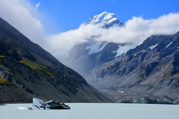 spectacular views of mount cook  and hooker lake  and icebergs along the hooker valley track on a summer day in summer,  near mount cook village on the south island of new zealand