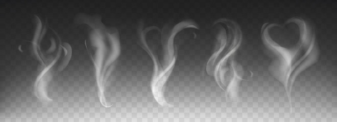 Steam smoke realistic set with heart and swirl shape on dark transparent background. White fume waves of hot drink, coffee, cigarettes, tea or food. Mockup of flow mist swirls. Fog effect concept. © redgreystock