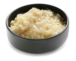 Bowl with tasty sauerkraut on white background