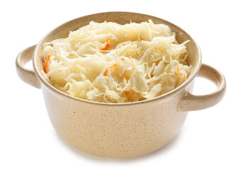 Pot with tasty sauerkraut on white background