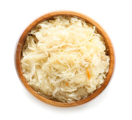 Bowl with tasty sauerkraut on white background