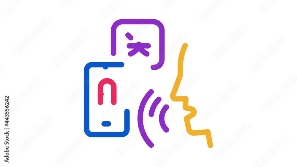 Poster voice interpreter translator icon animation. color human speaking and smartphone interpreter transla