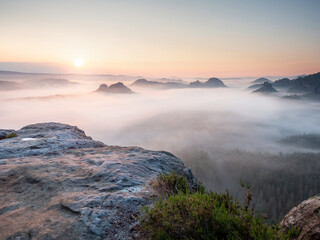 Cold misty foggy morning in a fall valley of Saxon Switzerland nature park.