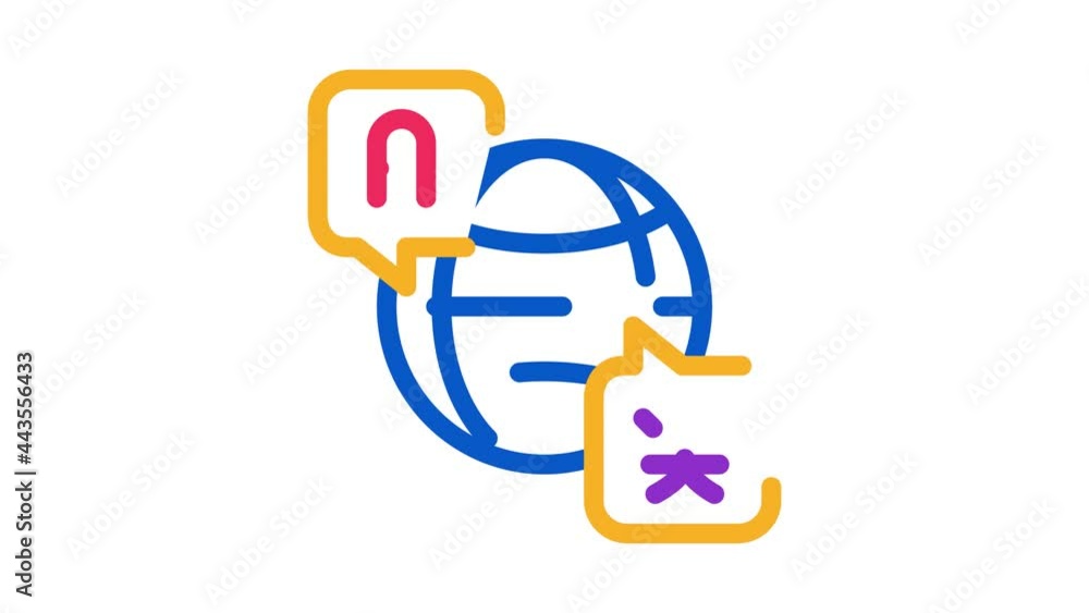 Poster world international language icon animation. color globe with quote frames and different country spe