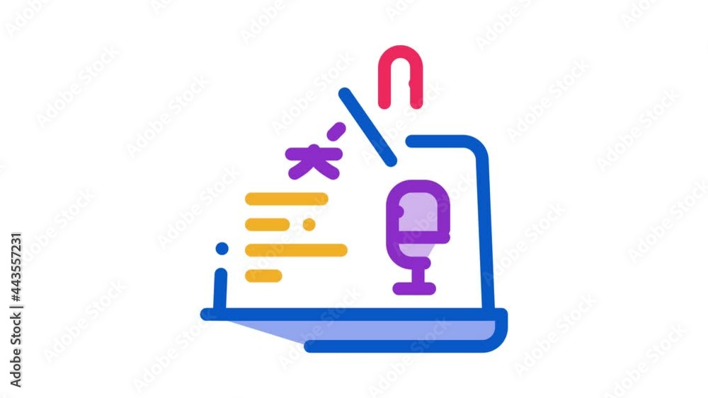 Poster laptop translation program icon animation. color microphone on laptop display, internet interpreter 