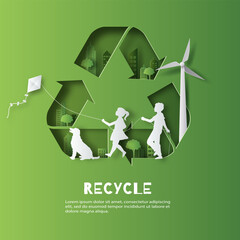 Recycle Symbol, kids playing kite, enjoy their life in a good atmosphere, save the planet and energy concept, paper illustration, and 3d paper. - obrazy, fototapety, plakaty