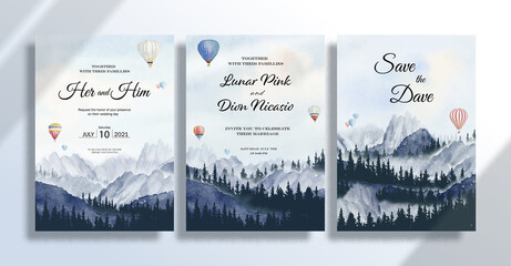 Wedding invitation card set with watercolor landscape paintings travelling with balloons.