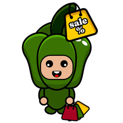 discount sale green pepper mascot costume vector cartoon character. very suitable for posters, printed fabrics, children's clothes