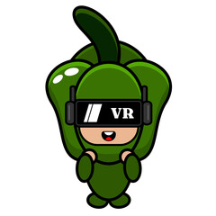 Green pepper mascot costume vector cartoon character playing virtual reality. very suitable for posters, printed fabrics, children's clothes