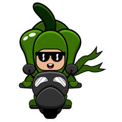 green pepper mascot costume vector cartoon character riding a motorcycle. very suitable for posters, printed fabrics, children's clothes