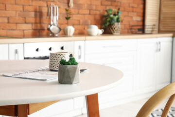 Pot with decorative green moss, cup and newspaper on kitchen table