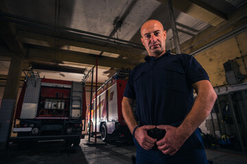 Fototapeta na wymiar Portrait of handsome firefighter standing against trucks at fire station