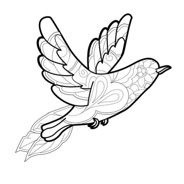 Contour linear illustration with bird for coloring book. Cute dove, anti stress picture. Line art design for adult or kids  in zentangle style and coloring page.