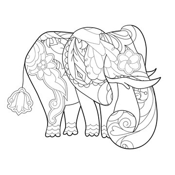 Contour linear illustration with animal for coloring book. Cute elephant, anti stress picture. Line art design for adult or kids  in zentangle style and coloring page.