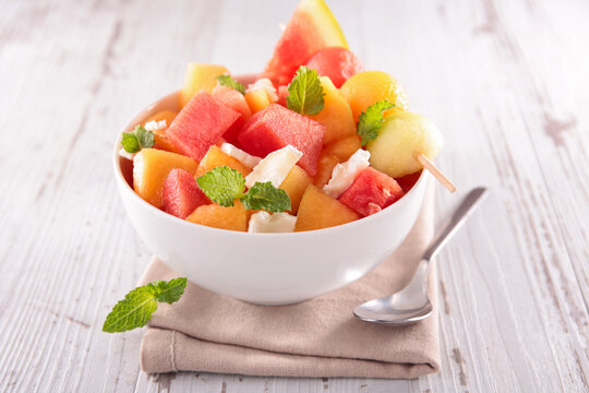 watermelon and melon salad with mint leaf
