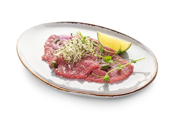 Plate with tasty veal carpaccio on white background