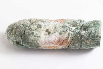 Green moldy bread on a white background, isolate. Loaf with mold, macro