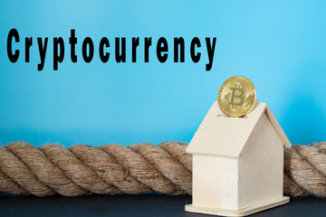Financial concept. Rope, bitcoin and house model with text. Selective focus points.