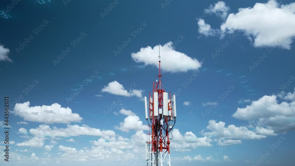 Poster cellular 5g telecommunications mast sending visible network signal waves connecting the world wide w