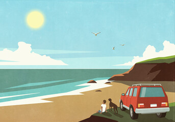 Man and dog enjoying sunny beach view outside car
