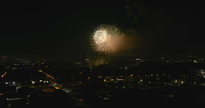 Aerial of Houston 4th of July fireworks at night