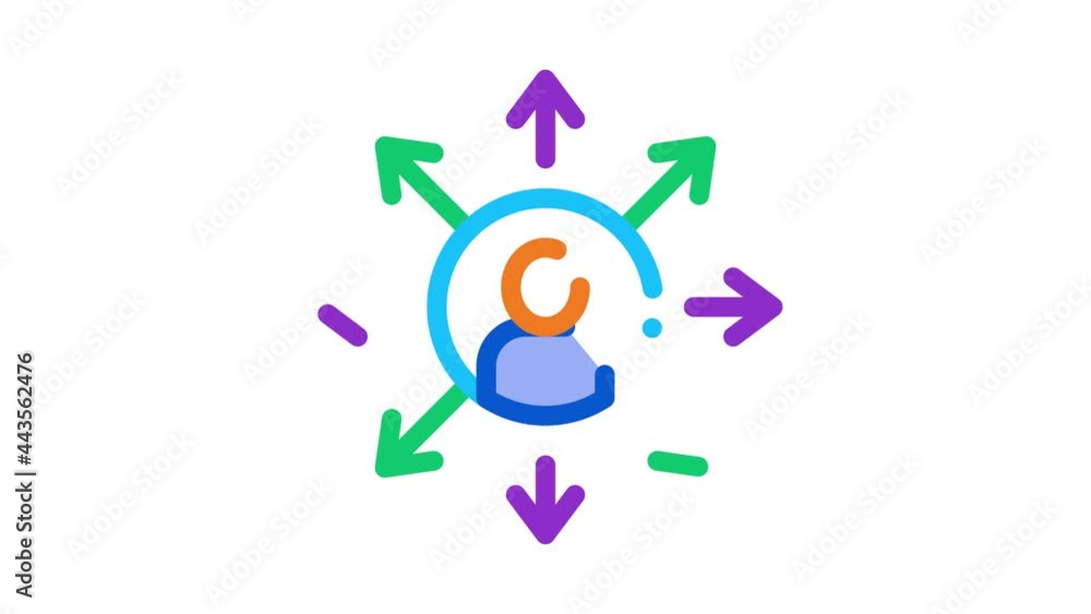 Poster different areas of activity icon animation. color human in center of circle with arrows, multitaskin