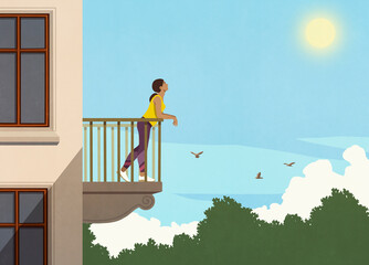 Woman enjoying sunshine from apartment balcony
