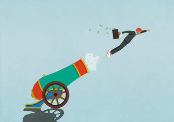 Excited businessman with money briefcase flying out of cannon
