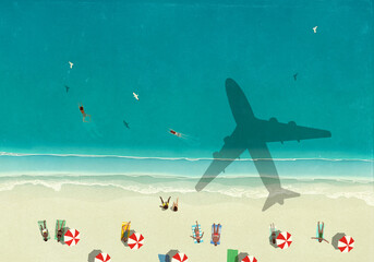 Aerial view shadow of airplane flying over tourists on sunny ocean beach
