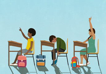 Tired schoolboy sleeping at desk in classroom
