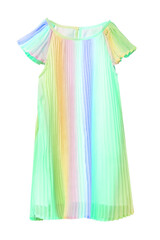 Summer dress isolated. Closeup of a beautiful light pastel rainbow colored baby girl dress isolated on a white background. Children spring fashion. Macro.