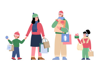 Family doing Christmas shopping together, cartoon vector illustration isolated.