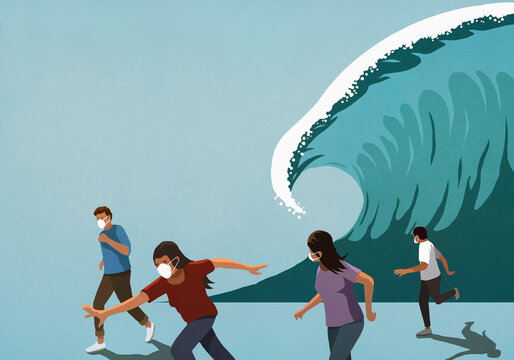 People in face masks running from huge ocean tidal wave

